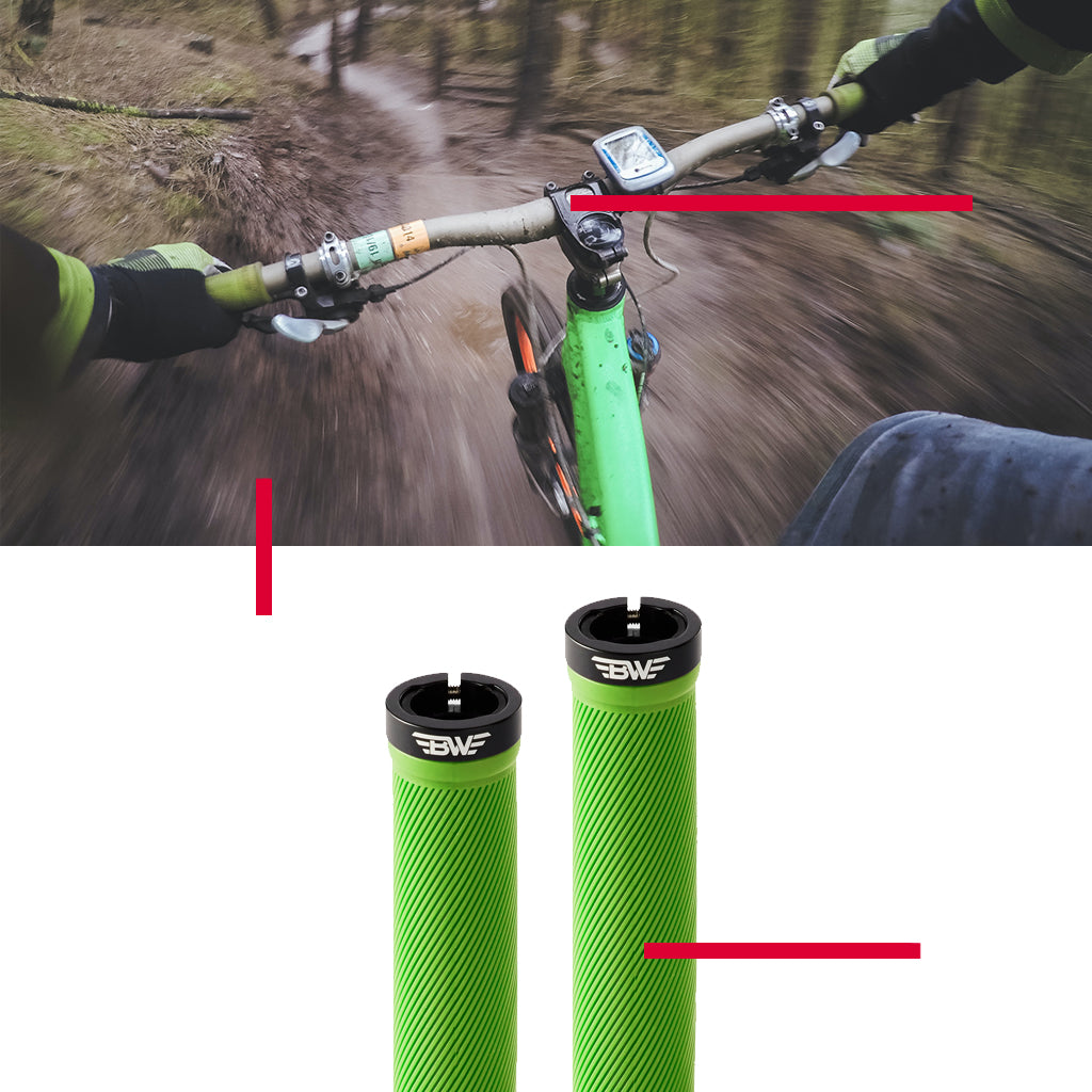 stacked image of mountain biker riding down a trail with green performance mountain bike grips and lime green performance bike grips on white background