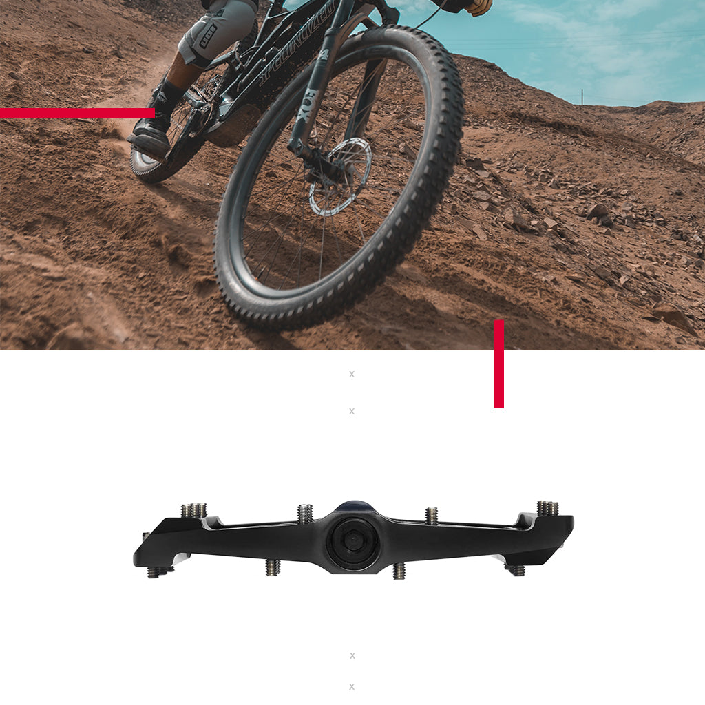 close up image of mountain biker pedaling downhill and another image of a black pedal on a white background