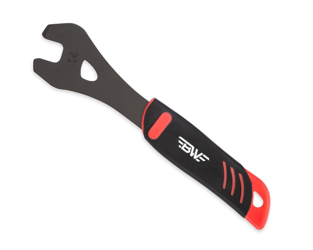 black and red 14 millimeter cone wrench for bicycle assembly