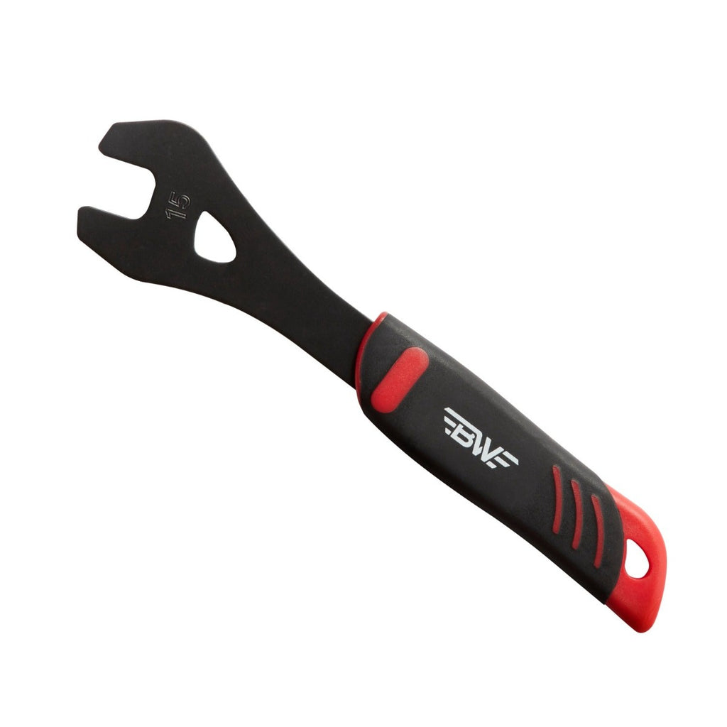 black and red 15 millimeter cone wrench for bicycle assembly