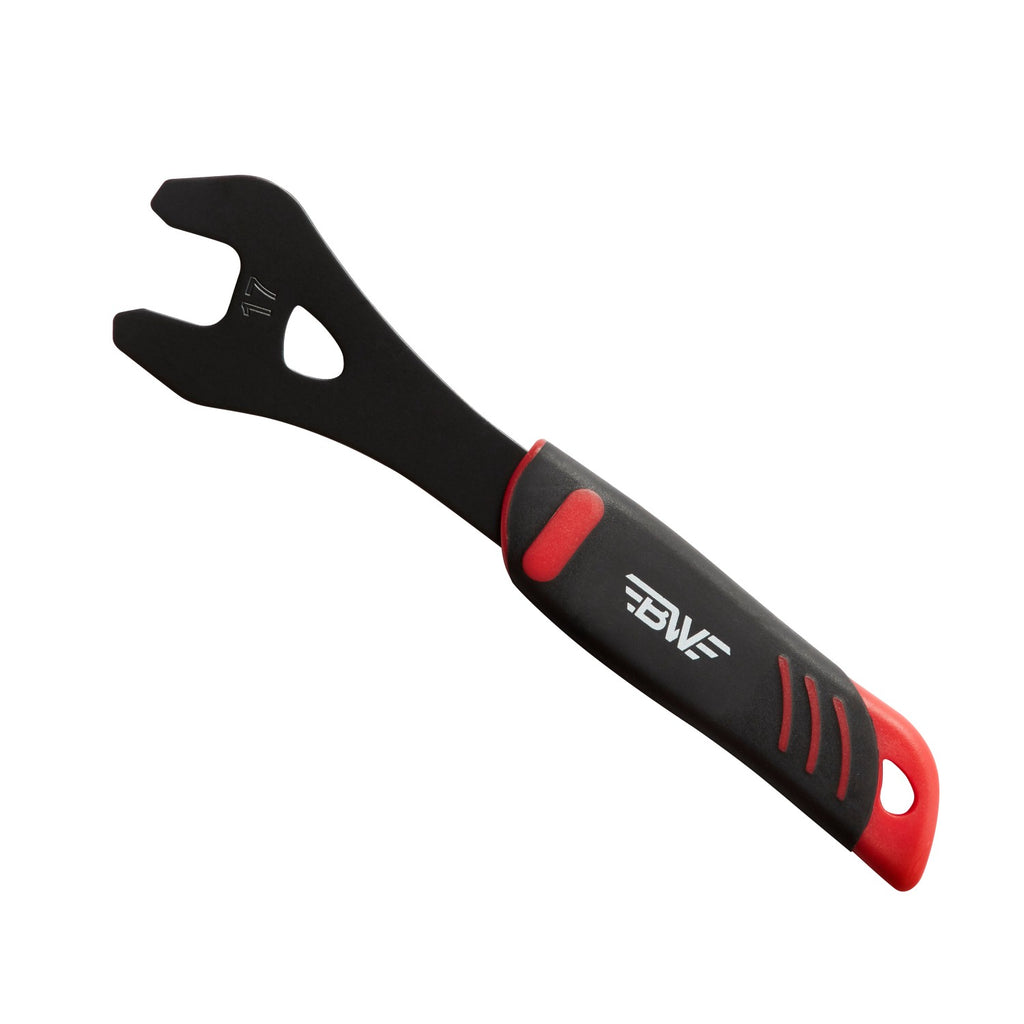 black and red 17 millimeter cone wrench for bicycle assembly