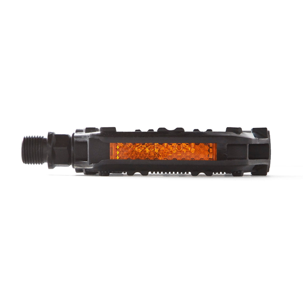 A black Bicycle Pedal for Kids. One pedal, front view with a white background.