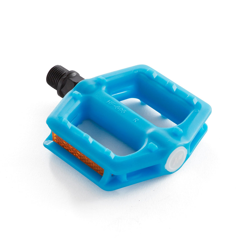 one light blue bicycle pedal for youth corner view with white background