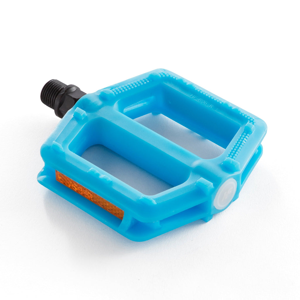 A single blue bicycle pedal for youth riders. Angled view with a white background.