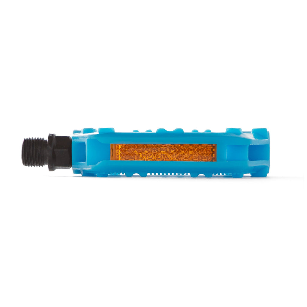 A single blue bicycle pedal for kids with a light reflector. Front view with a white background. 
