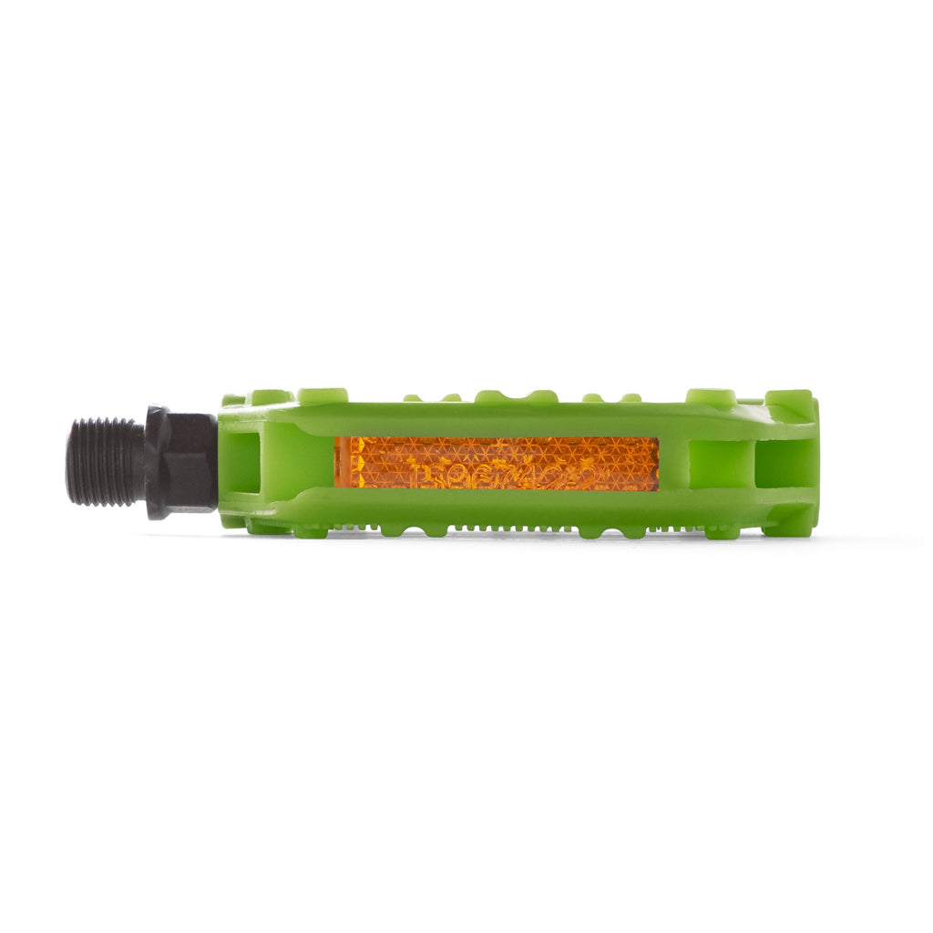 One green bicycle pedal for kids with light reflector. Front view with a white background.
