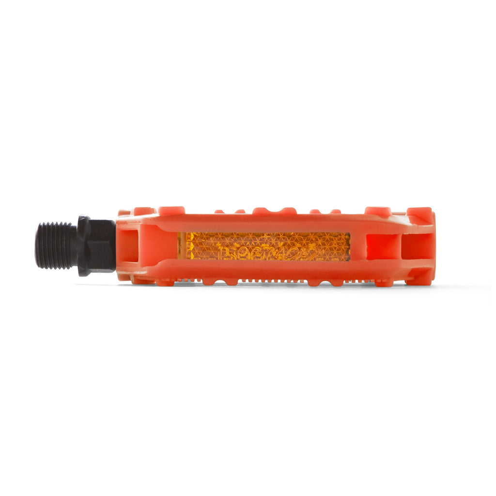 Single orange bike pedal with a light reflector. Front view with a white background.