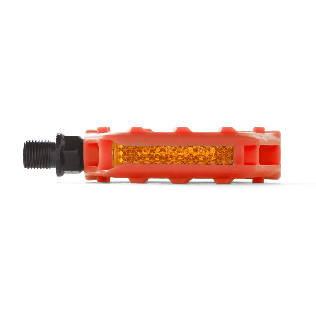 kids orange bike pedal with a light reflector. Side view with white background.