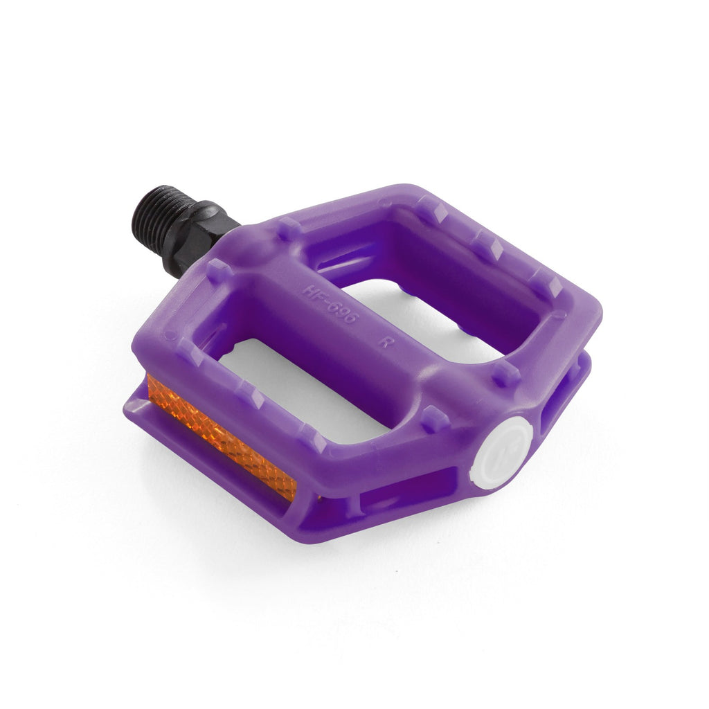 Kids bike pedal in the color purple. Angled view with white background.
