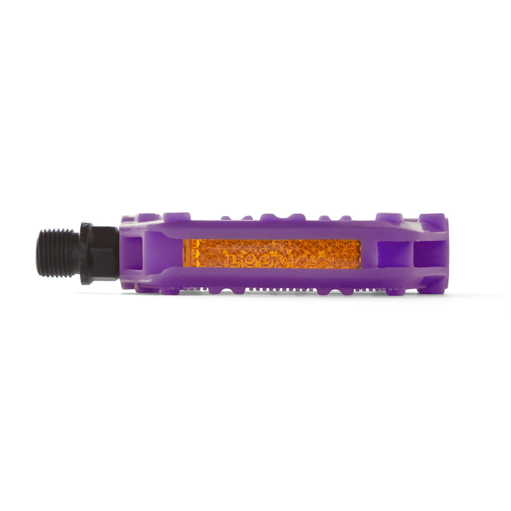 Kids purple bike pedal with light reflectors. Front view with a white background.