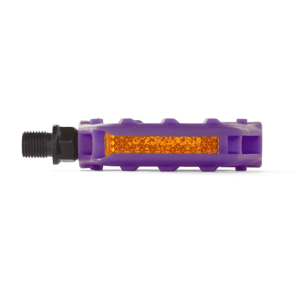 Kids bike pedal with safety reflector in the color purple. Side view with white background.