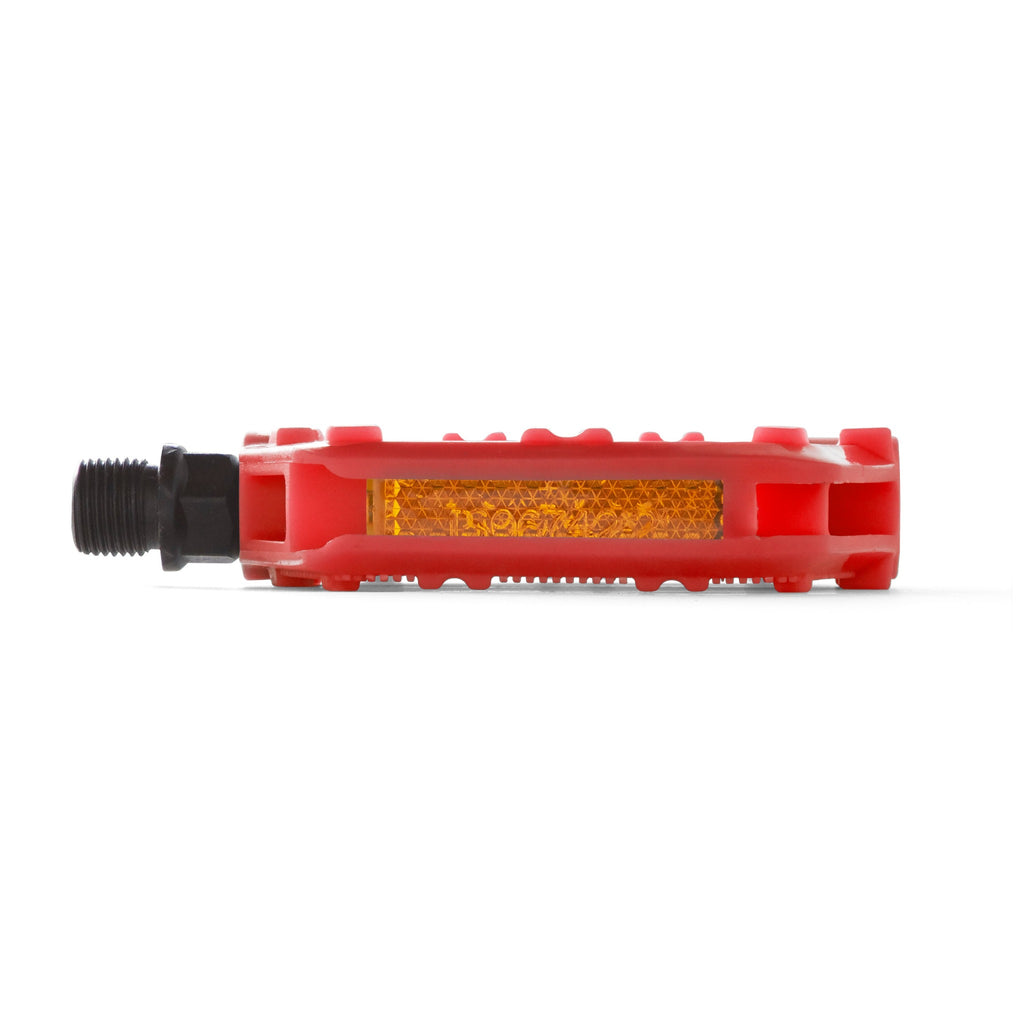 A red bike pedal with light reflectors for kids. Front view with a white background.