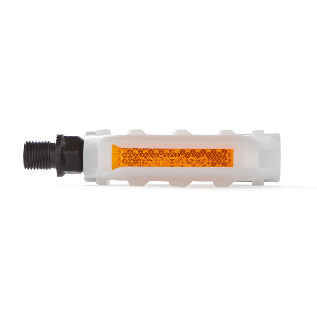 White bike pedal with safety light reflector for kids. Side view with white background.