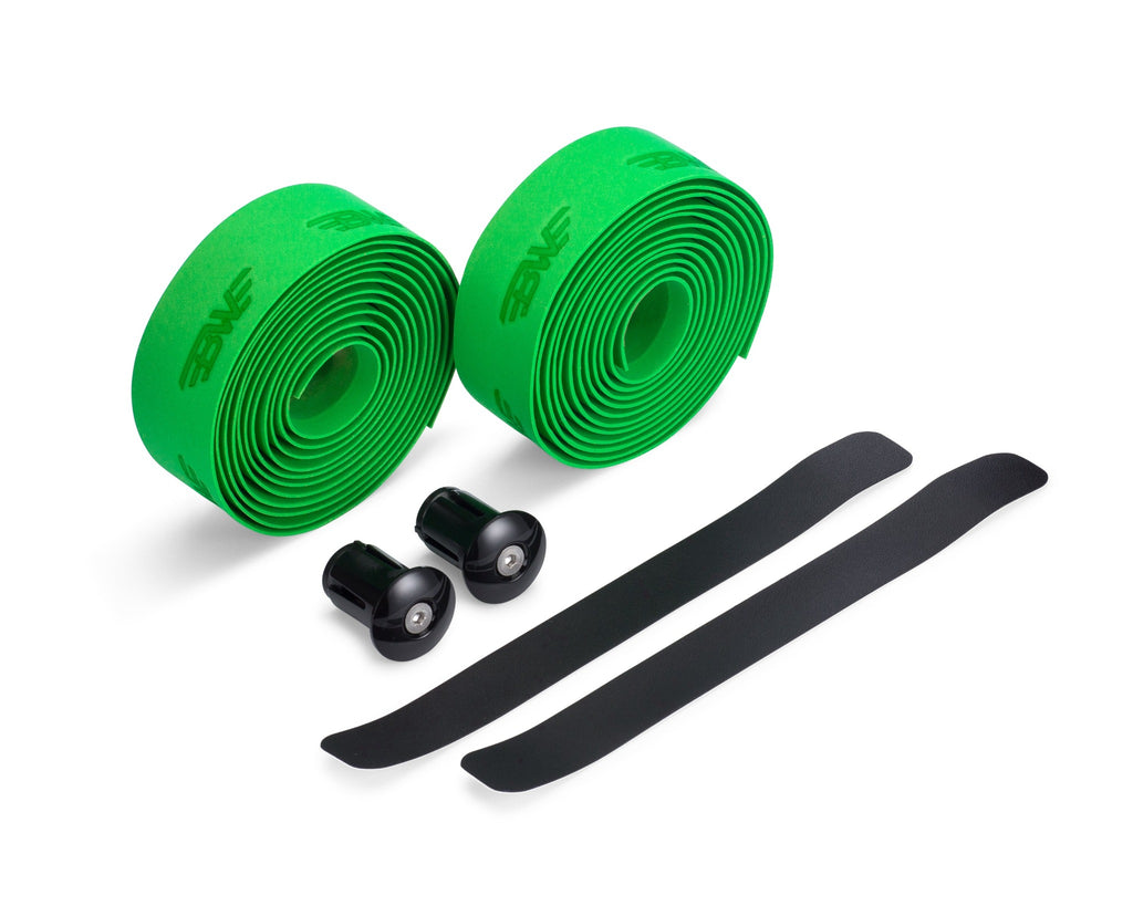 Two rolls of neon green handlebar bar tape. Bright greenEVA handlebar tape on white background. 