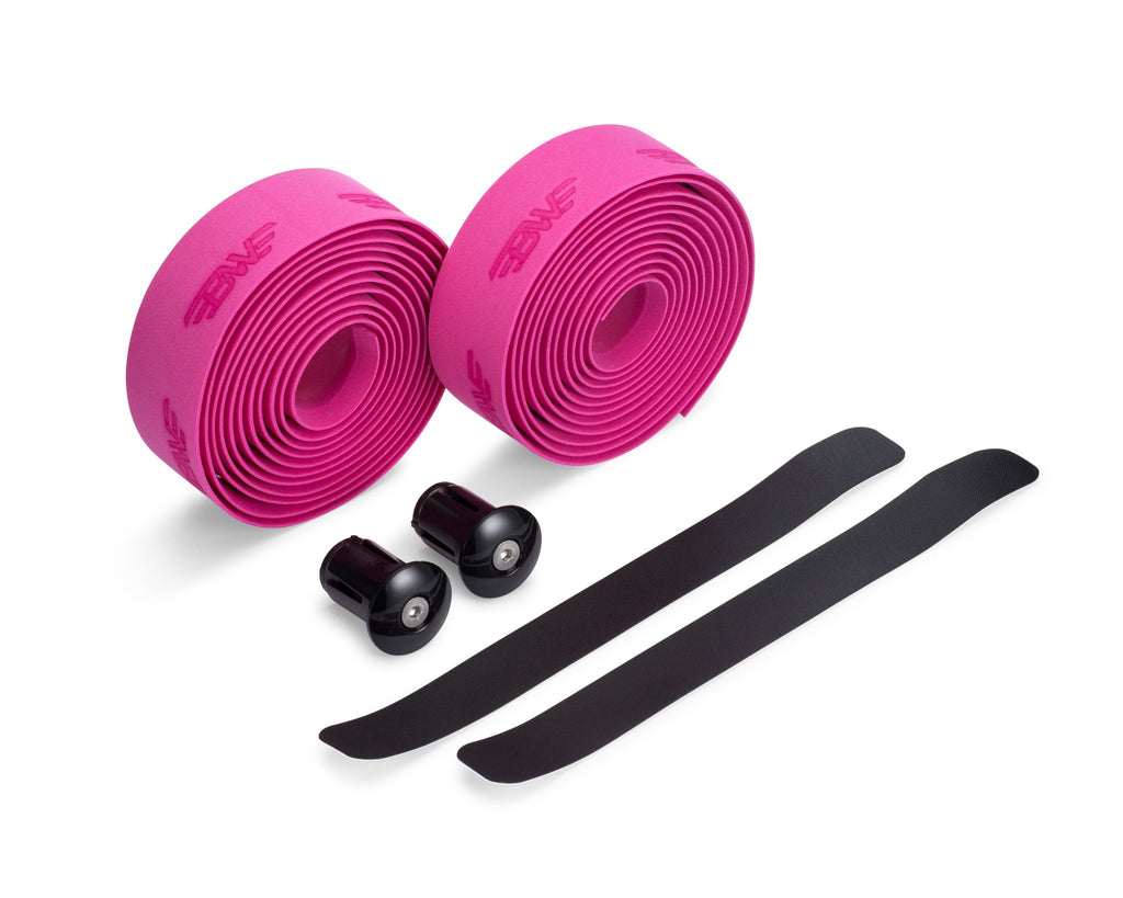 Two rolls of magenta handlebar tape for road bikes. Magenta EVA handlebar tape on white background.