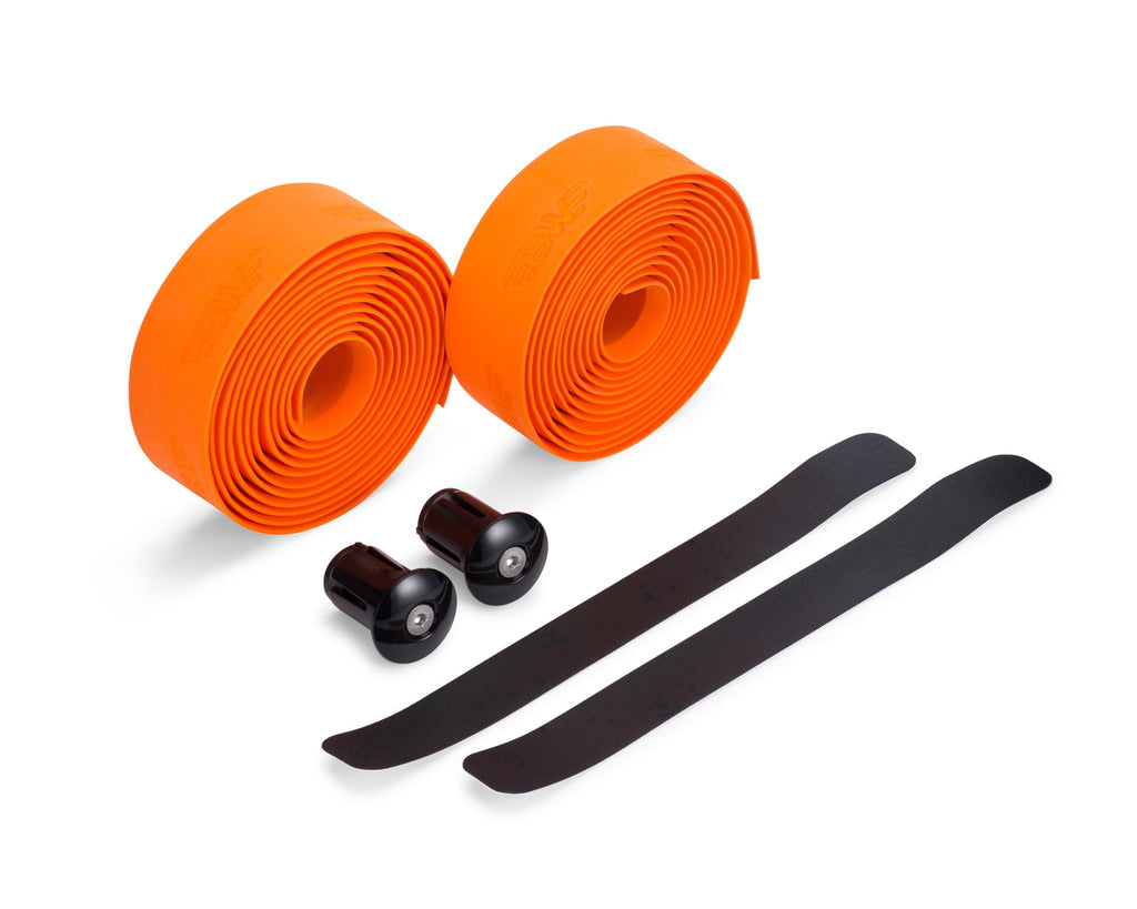 Two rolls of orange handlebar tape for road bikes. Orange EVA handlebar tape on white background.