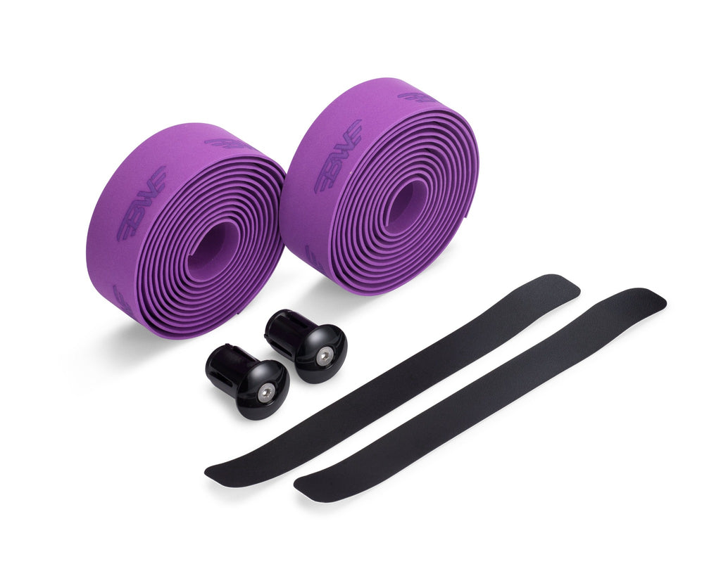 Two rolls of purple handlebar tape for road bikes. Purple EVA handlebar tape on white background.