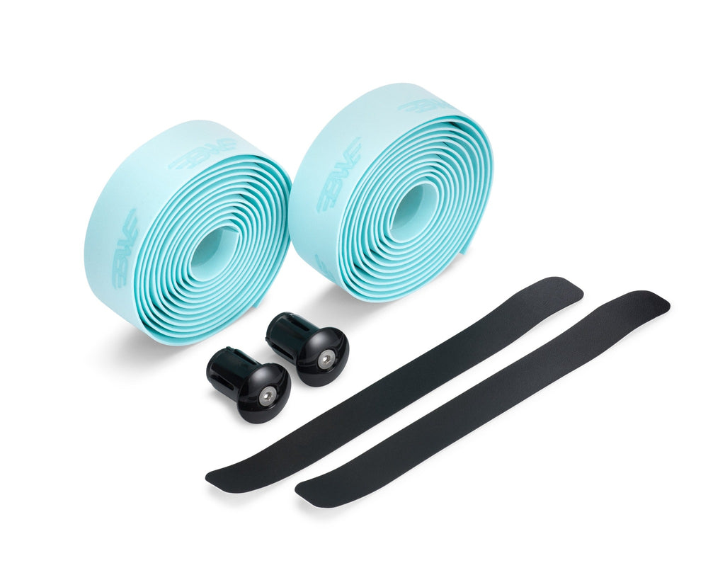 Two rolls of sky blue handlebar tape for road bikes. Sky blue EVA handlebar tape on white background.