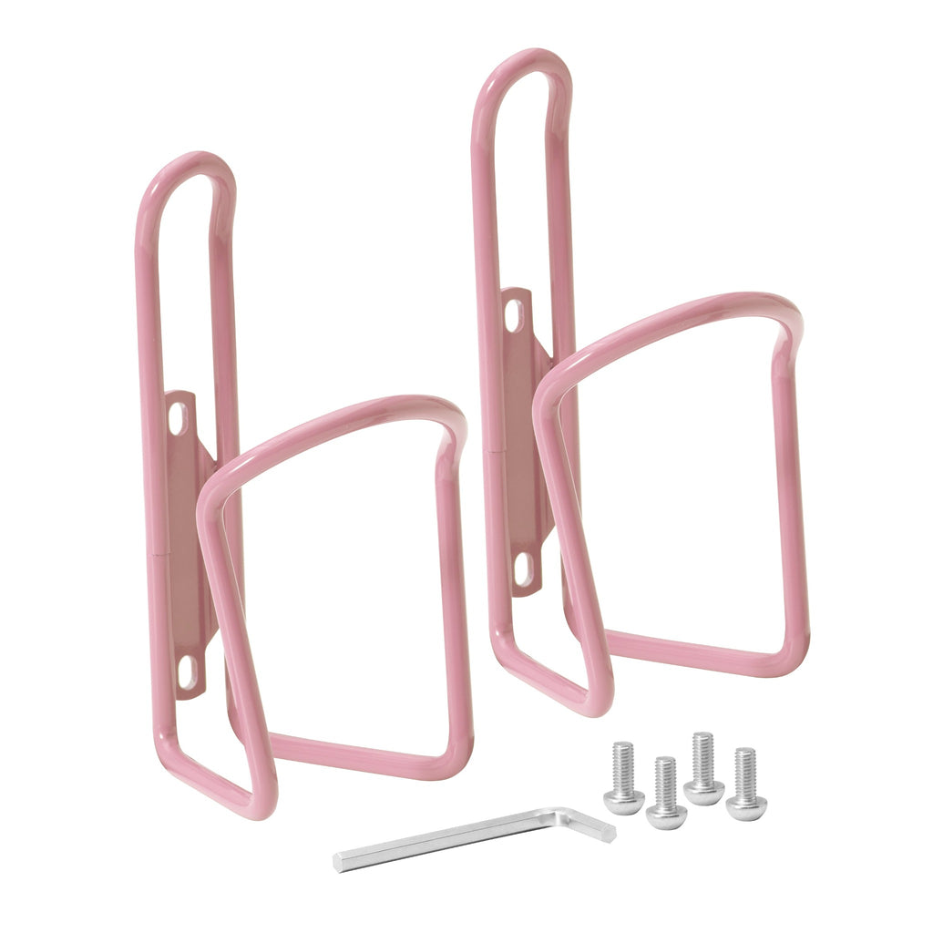 Set of light pink water bottle holders for bike.