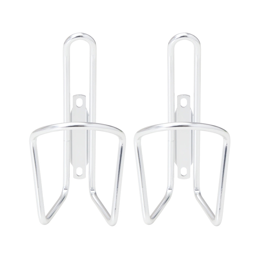 Set of silver water bottle holders for bike.