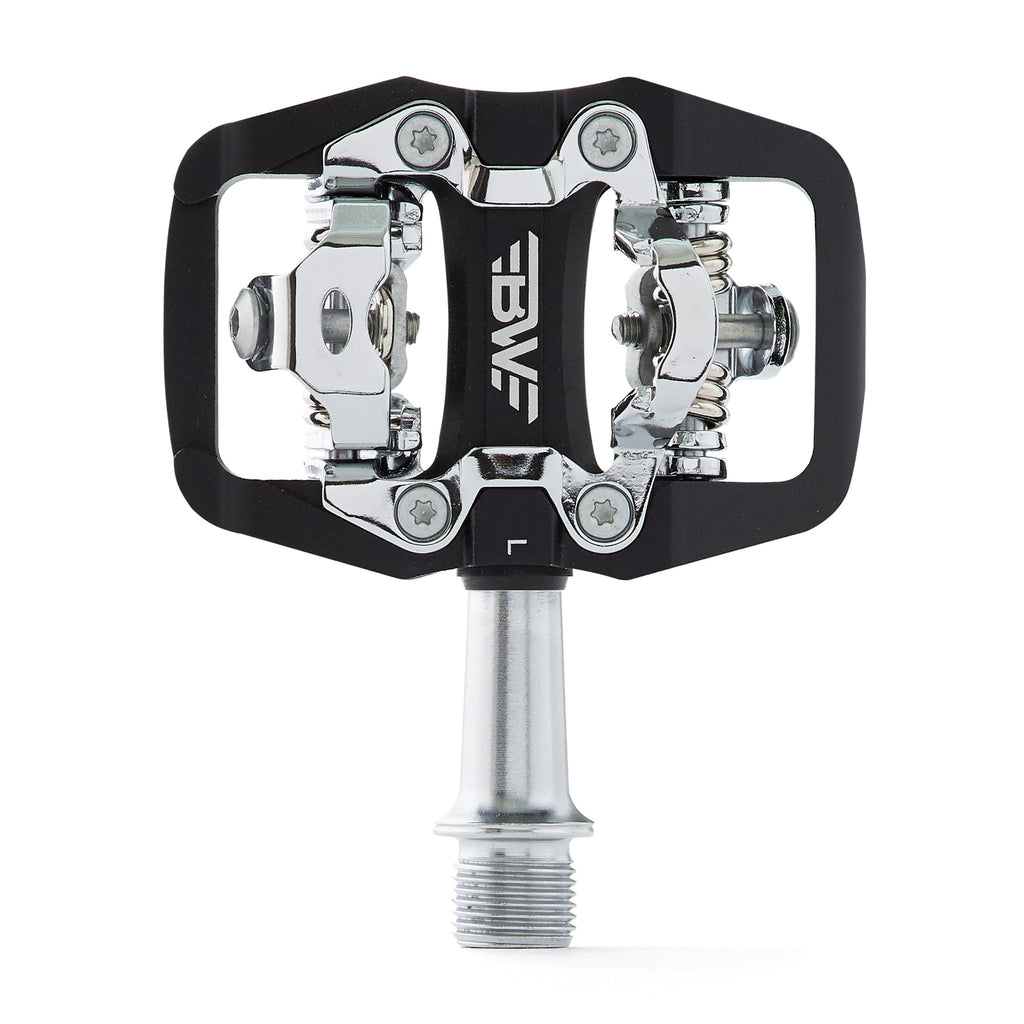 Black clipless mountain bike pedal, top view on white background. SPD compatible bicycle pedal.