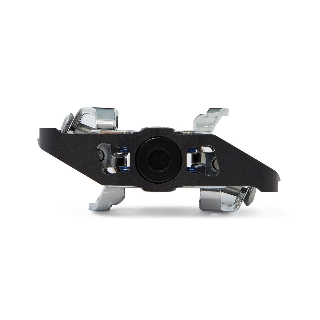 Black clipless mountain bike pedal, side view on white background. SPD compatible bicycle pedal.