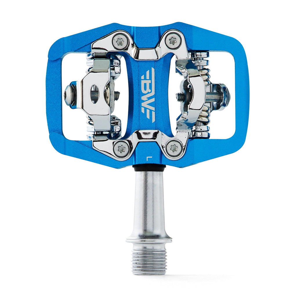 Blue clipless mountain bike pedal, top view on white background. SPD compatible bicycle pedal.
