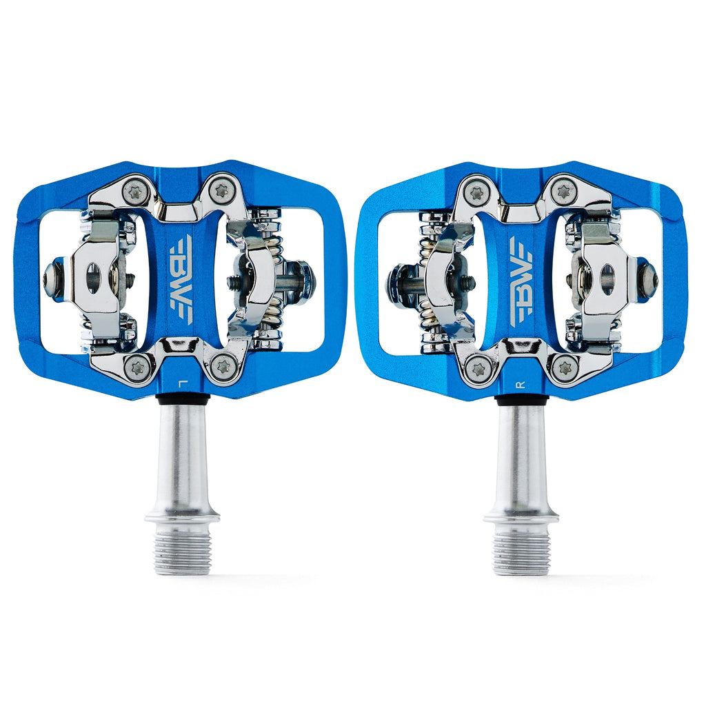 Blue clipless mountain bike pedals, top view on white background. SPD compatible bicycle pedals.