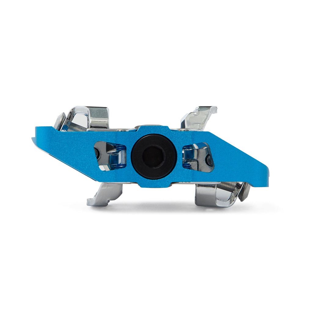 Blue clipless mountain bike pedal, side view on white background. SPD compatible bicycle pedal.