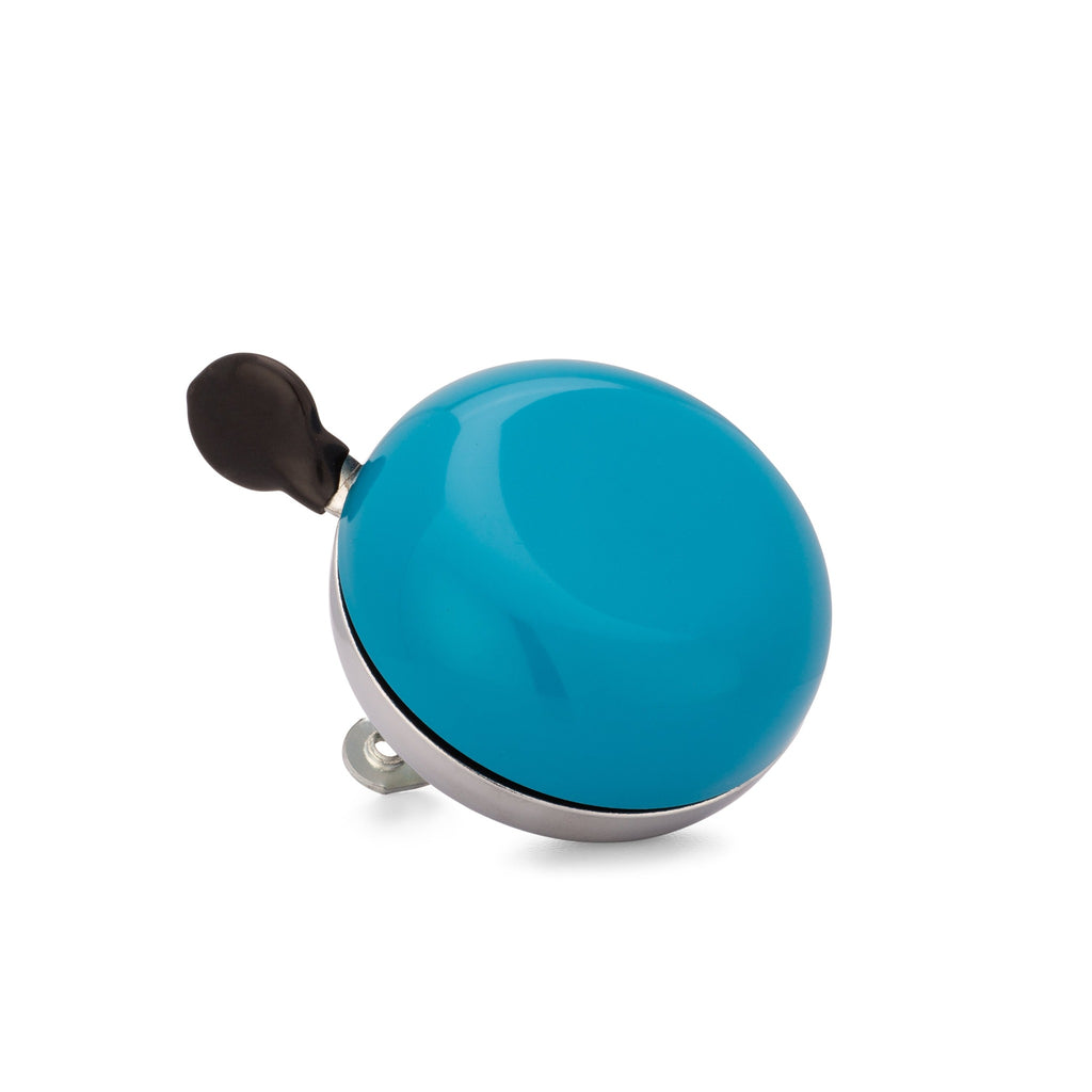 Handlebar bike bell with classic ding dong sound. Aegean blue on a white background. Bike bell corner view.