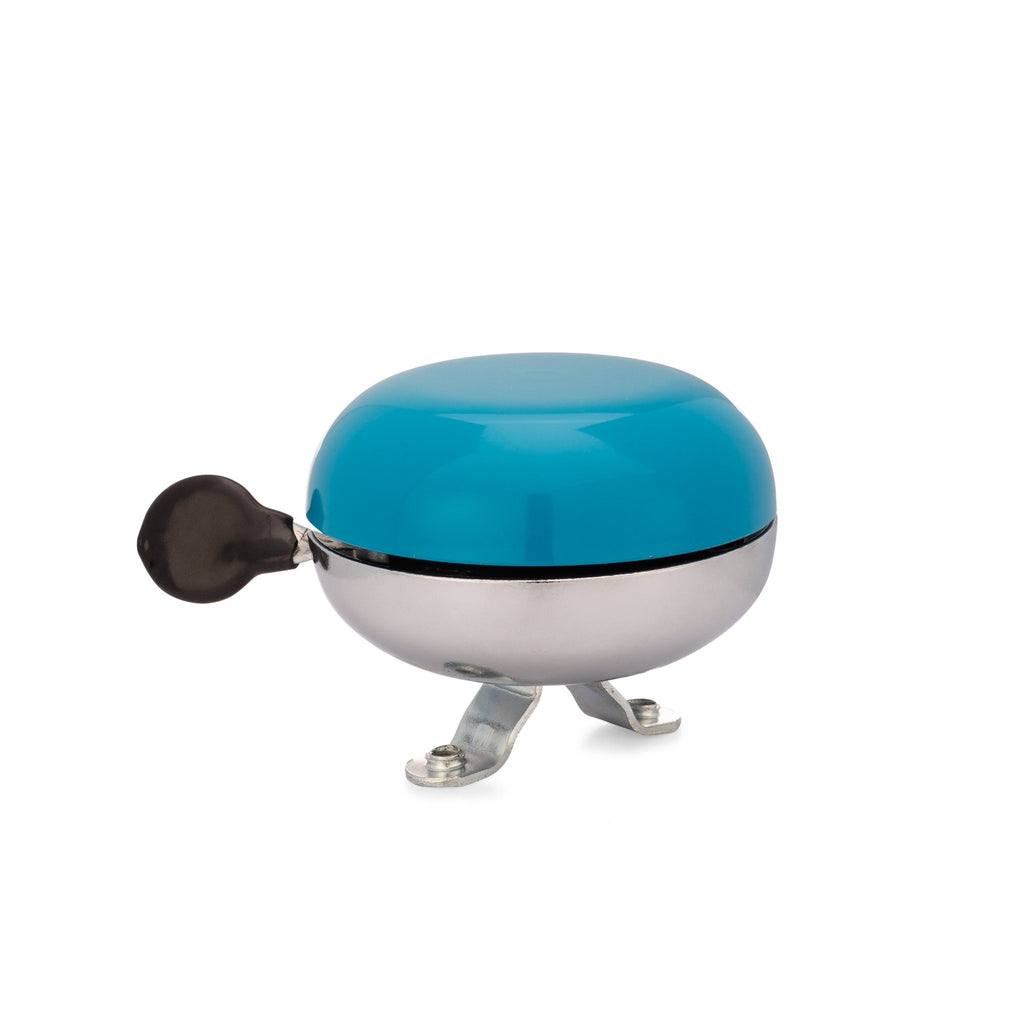 Handlebar bike bell with classic ding dong sound. Aegean blue on a white background. Bike bell side view.