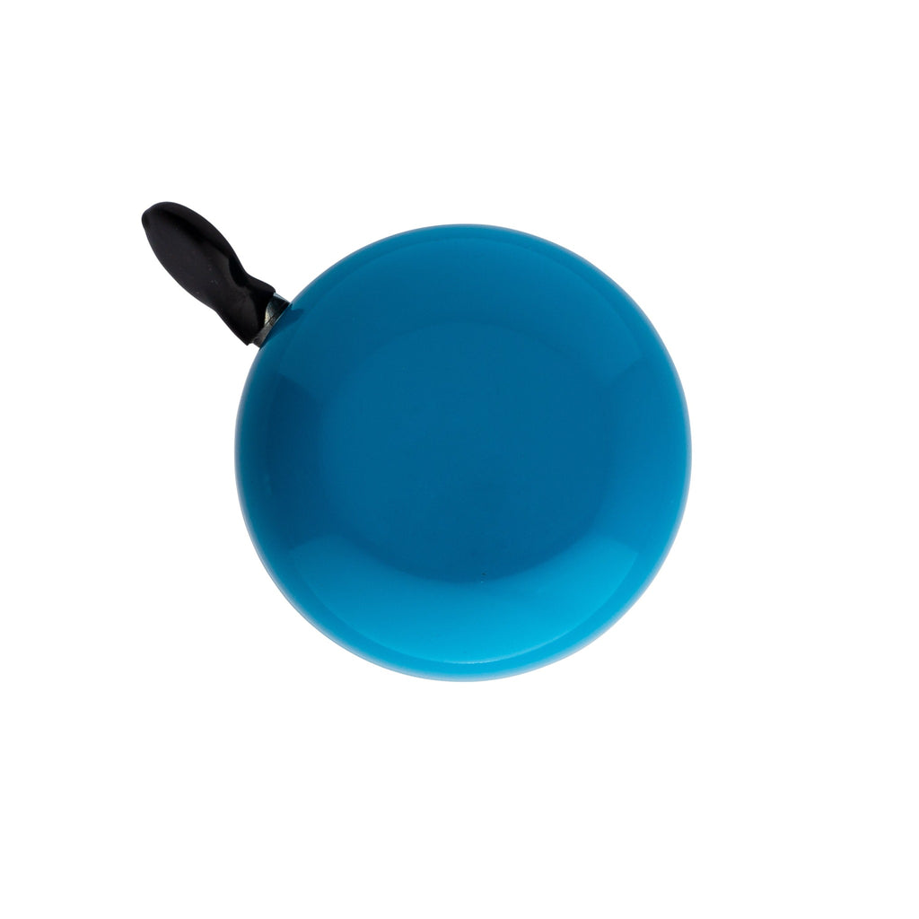 Handlebar bike bell with classic ding dong sound. Aegean blue on a white background. Bike bell top view.