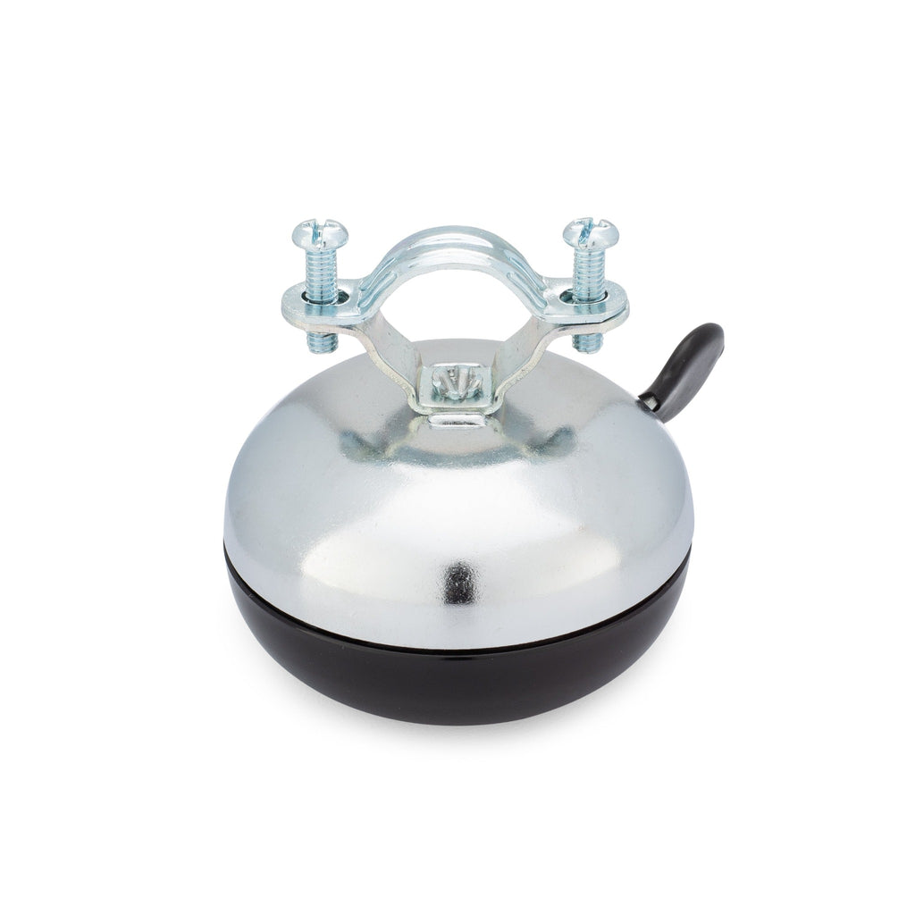 Handlebar bike bell with classic ding dong sound. Black bell on a white background. Bike bell upside down view.