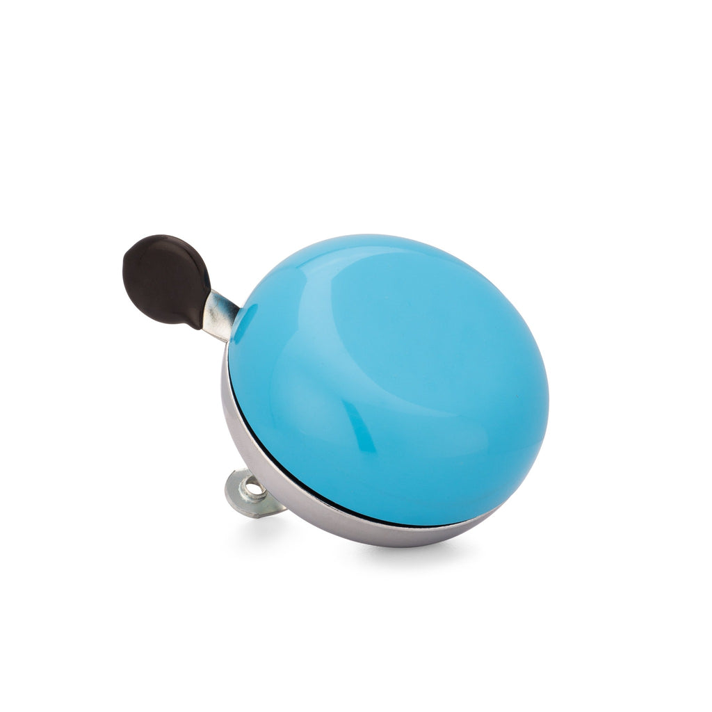 Handlebar bike bell with classic ding dong sound. Azure blue on a white background. Bike bell corner view.