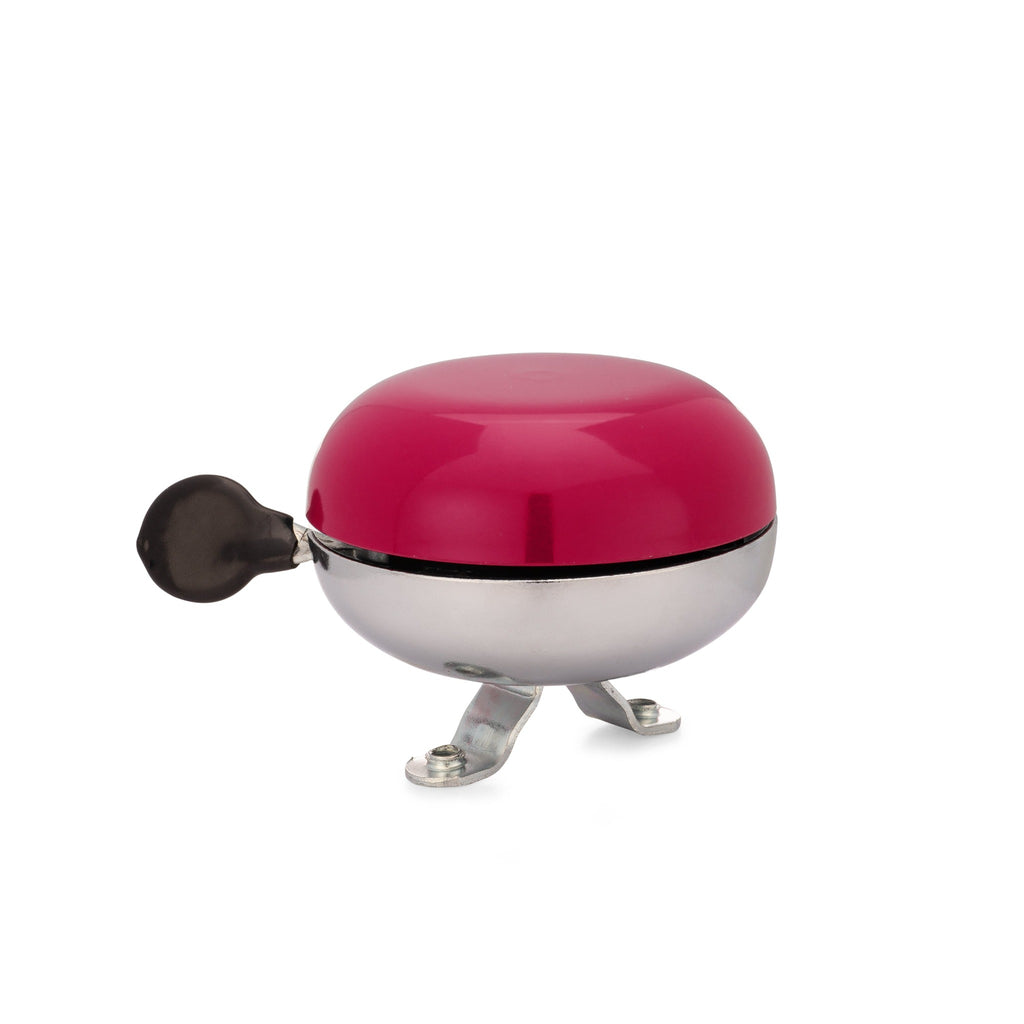 Handlebar bike bell with classic ding dong sound. Color berry on a white background. Bike bell side view.