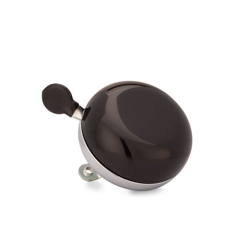 Handlebar bike bell with classic ding dong sound. Color black on a white background. Bike bell corner view.