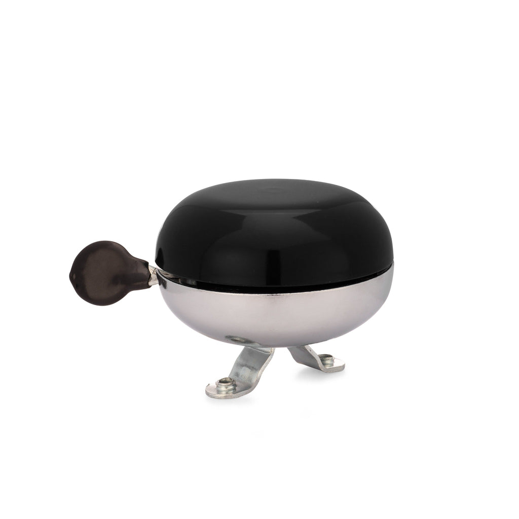 Handlebar bike bell with classic ding dong sound. Color black on a white background. Side view of bike bell.