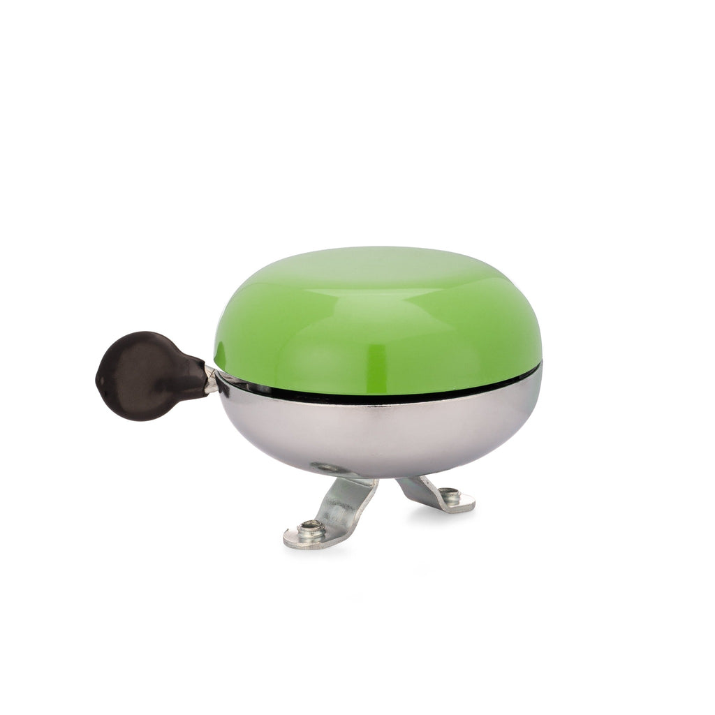 Handlebar bike bell with classic ding dong sound. Bell color green on a white background. Side view of vintage style bike bell.