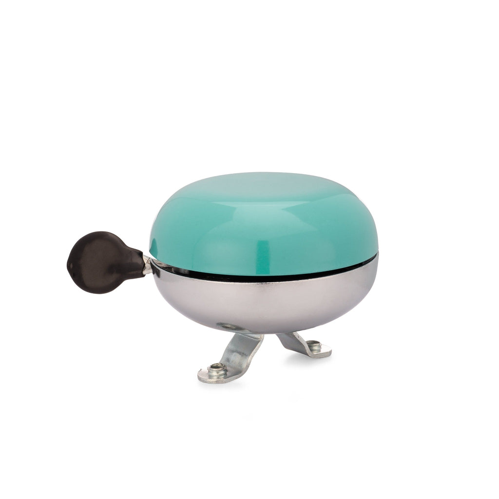 Teal bike bell with classic ding dong sound. Side view with white background. Vintage style bike bell.