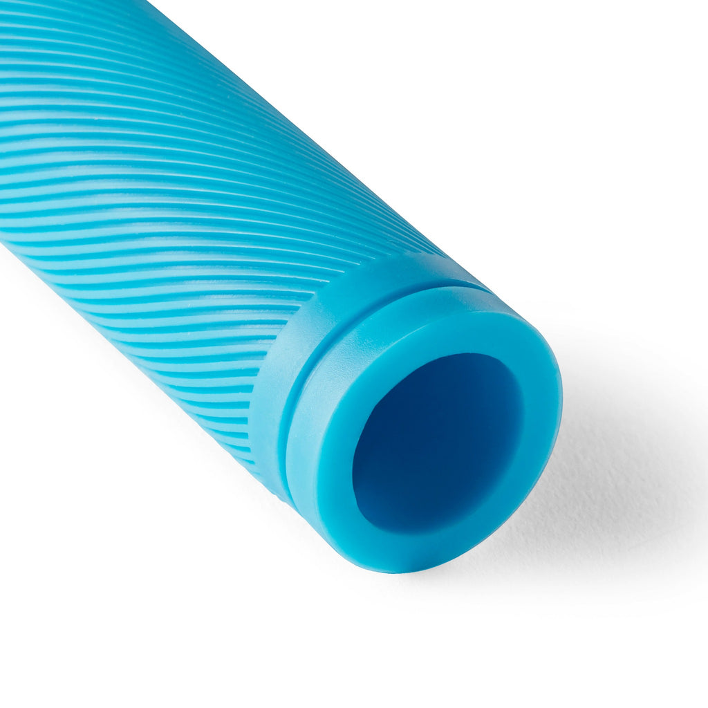 Blue bicycle grip close up.