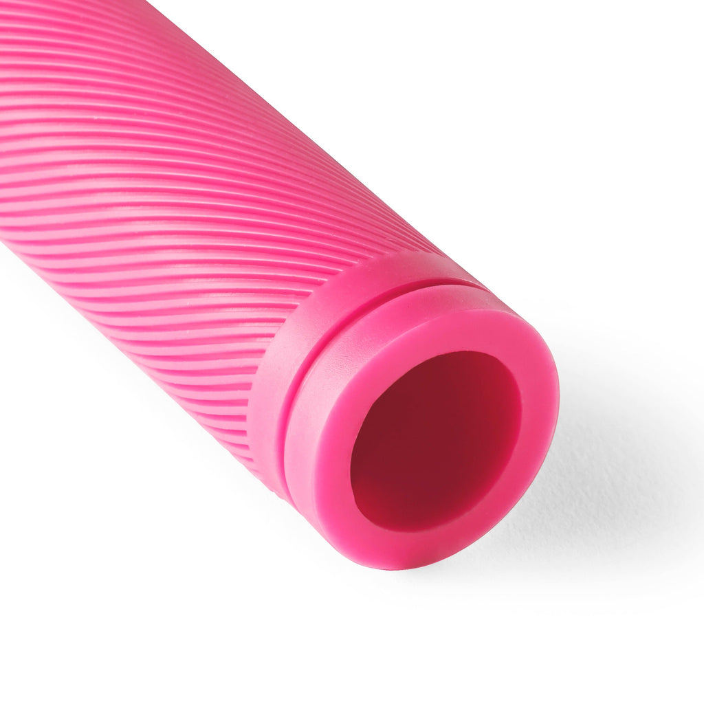 Detailed shot of neon pink bicycle grip.