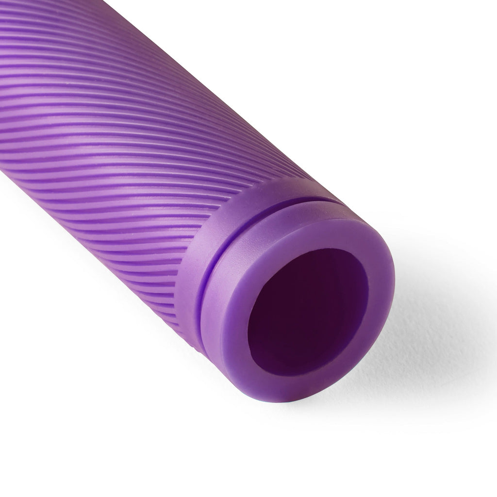 Close up of purple bike grip.