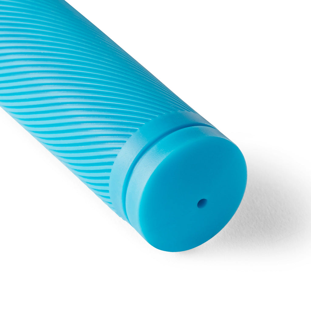 Detailed shot of blue bike grip for kids.