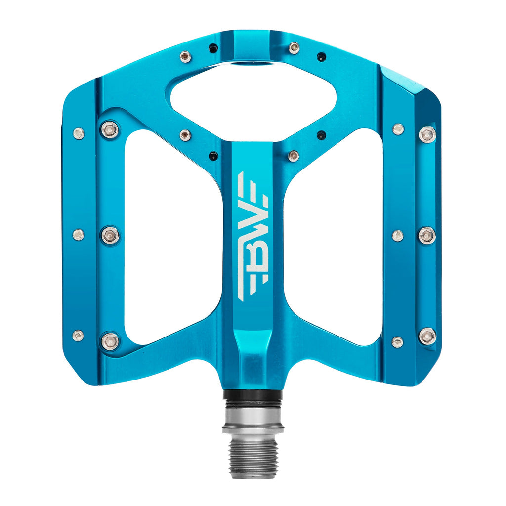 Light blue mountain bike pedal on white background. Top view of mountain bike pedal.