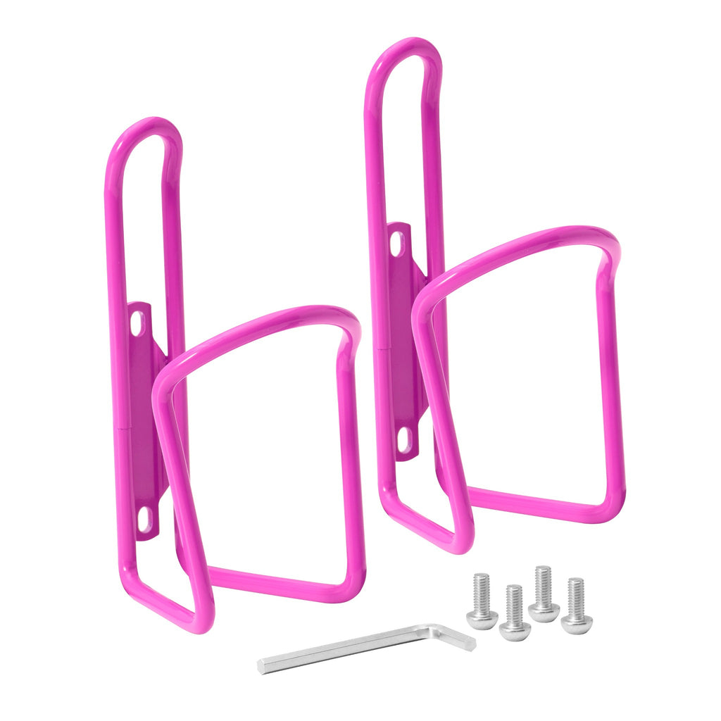 Set of neon pink water bottle holders for bike.