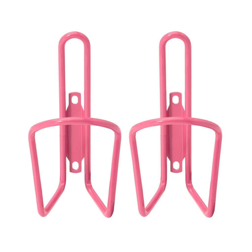 Set of pink water bottle holders for bike.