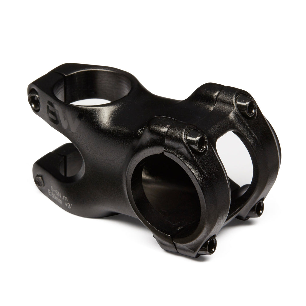 black mountain bike stem. Front side view on white background
