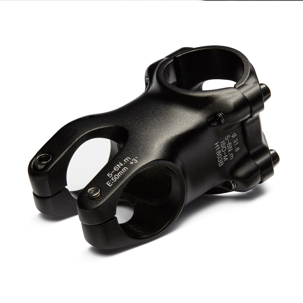 black mountain bike stem. back side view on white background