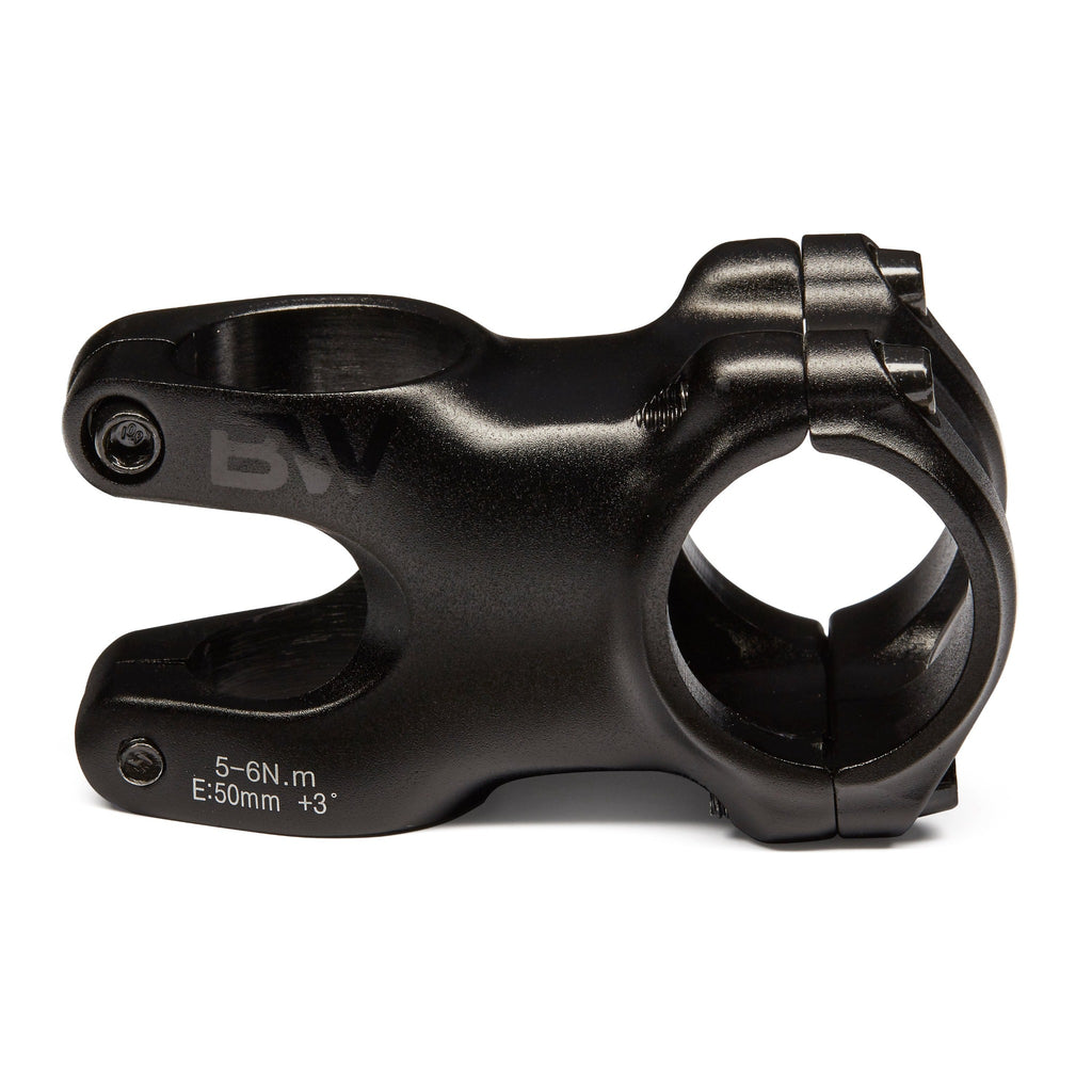 black mountain bike stem. Side view on white background
