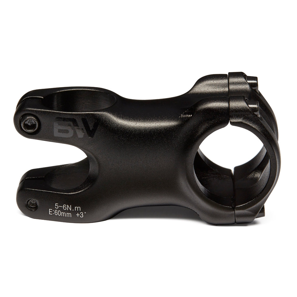 black mountain bike stem. Side view on white background